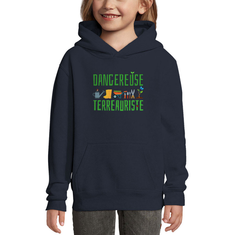 Sweat enfant à capuche bleu marine Dangereuse terreauriste (Andy,Humour)