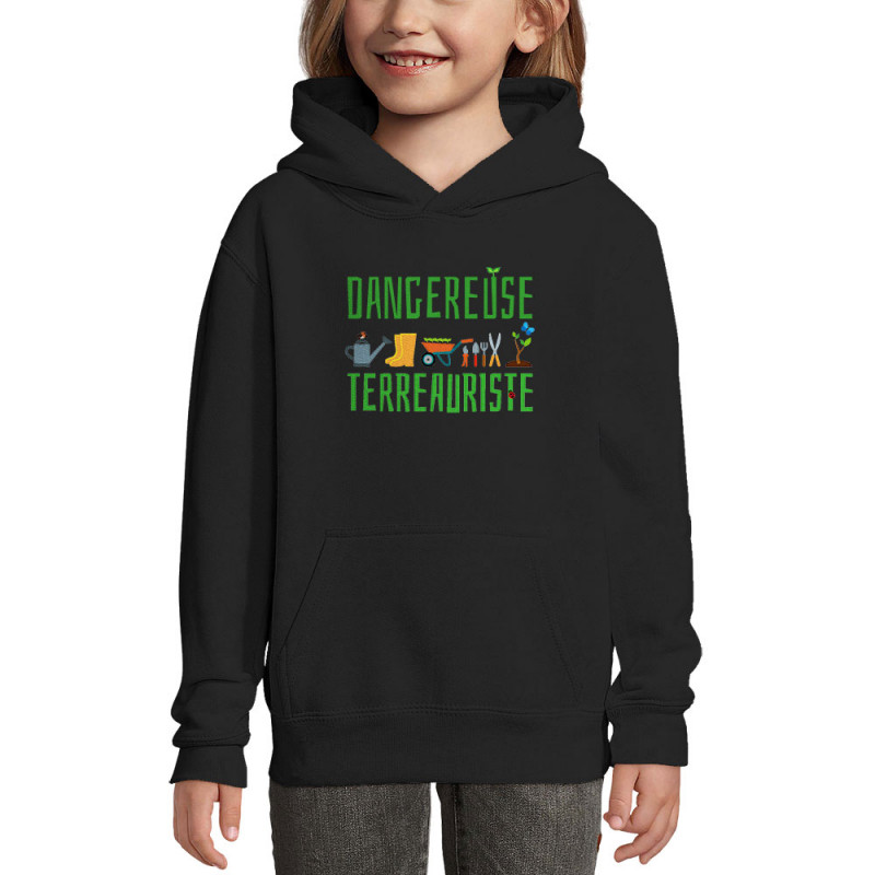 Sweat enfant à capuche noir Dangereuse terreauriste (Andy,Humour)