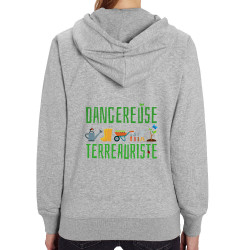 Sweat femme zippé à capuche coton bio gris chiné Dangereuse terreauriste (Andy,Humour)