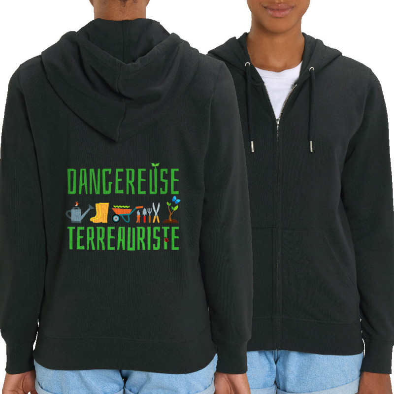 Sweat femme zippé à capuche coton bio noir Dangereuse terreauriste (Andy,Humour)