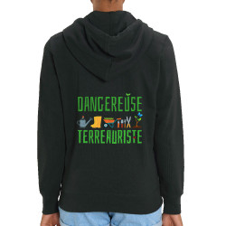 Sweat femme zippé à capuche coton bio noir Dangereuse terreauriste (Andy,Humour)