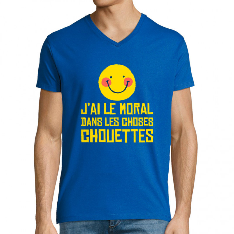 T-shirt homme col V bleu royal Le moral dans les choses chouettes (Andy,Humour)