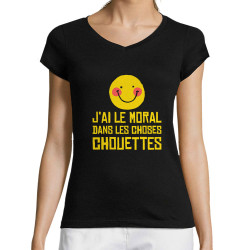 T-shirt femme col V noir Le moral dans les choses chouettes (Andy,Humour)