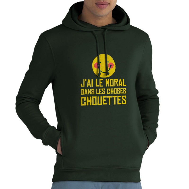 Sweat homme à capuche coton bio vert foncé Le moral dans les choses chouettes (Andy,Humour)