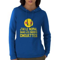 Sweat femme à capuche coton bio bleu royal Le moral dans les choses chouettes (Andy,Humour)