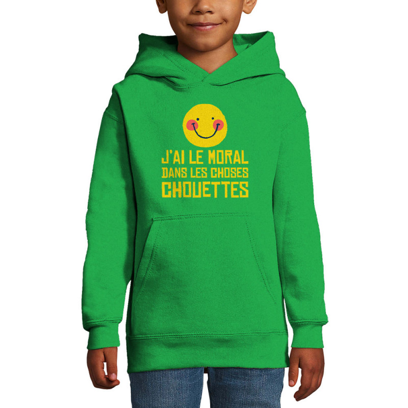 Sweat enfant à capuche vert prairie Le moral dans les choses chouettes (Andy,Humour)