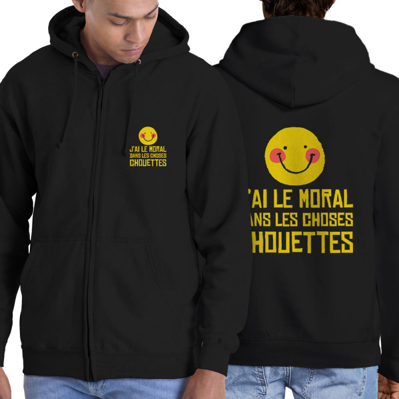 Sweat homme à capuche zippé noir Le moral dans les choses chouettes (Andy,Humour)