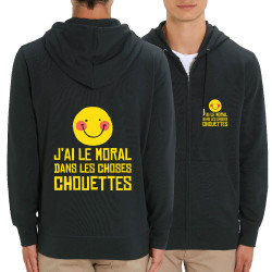 Sweat homme zippé à capuche coton bio noir Le moral dans les choses chouettes (Andy,Humour)