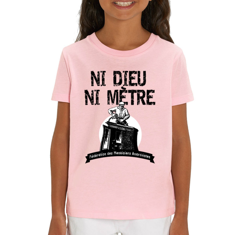 T-shirt enfant coton bio rose clair Ni Dieu ni mètre (Andy,Humour)