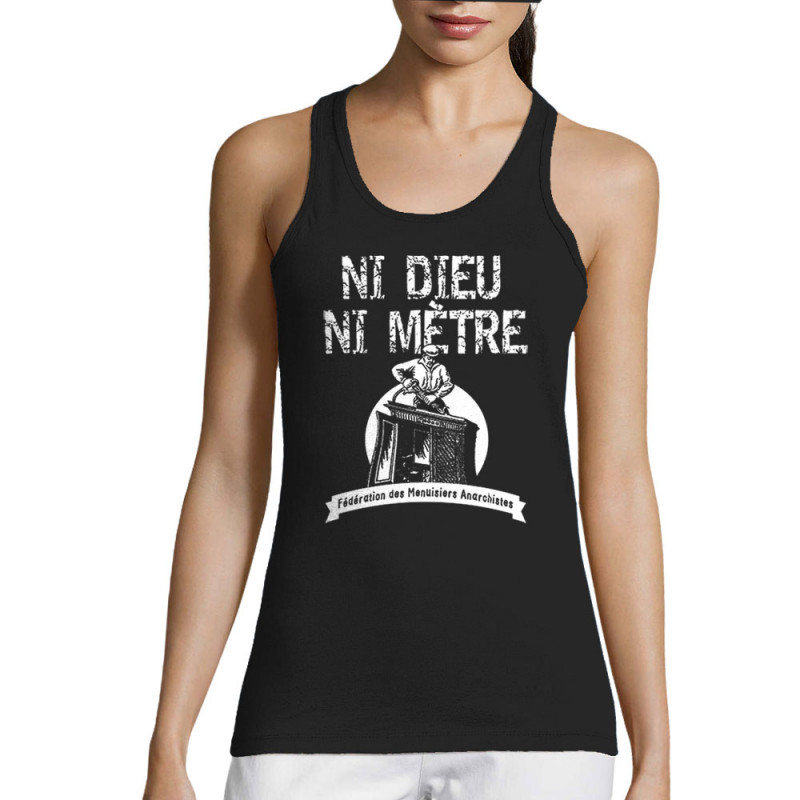 Débardeur femme noir Ni Dieu ni mètre (Andy,Humour)