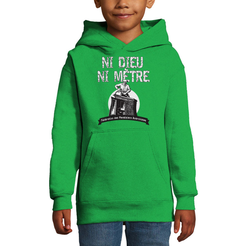 Sweat enfant à capuche vert prairie Ni Dieu ni mètre (Andy,Humour)