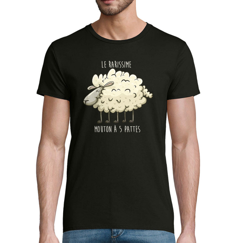 T-shirt homme coton bio noir Le rarissime mouton à 5 pattes (Mr Mouton,Animaux,Humour)