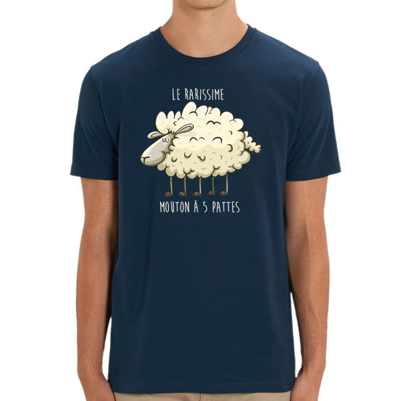 T-shirt homme coton bio bleu marine Le rarissime mouton à 5 pattes (Mr Mouton,Animaux,Humour)