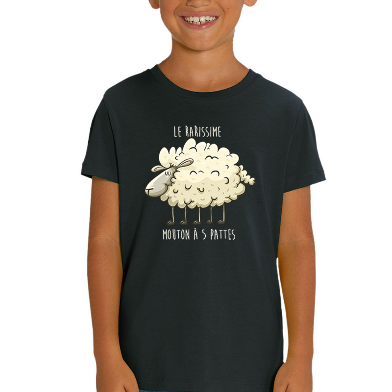 T-shirt enfant coton bio noir Le rarissime mouton à 5 pattes (Mr Mouton,Animaux,Humour)