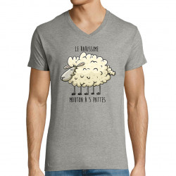 T-shirt homme col V gris chiné Le rarissime mouton à 5 pattes (Mr Mouton,Animaux,Humour)