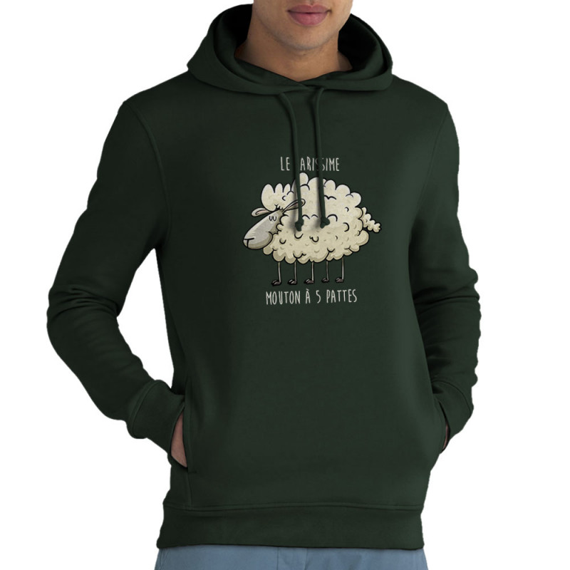 Sweat homme à capuche coton bio vert foncé Le rarissime mouton à 5 pattes (Mr Mouton,Animaux,Humour)