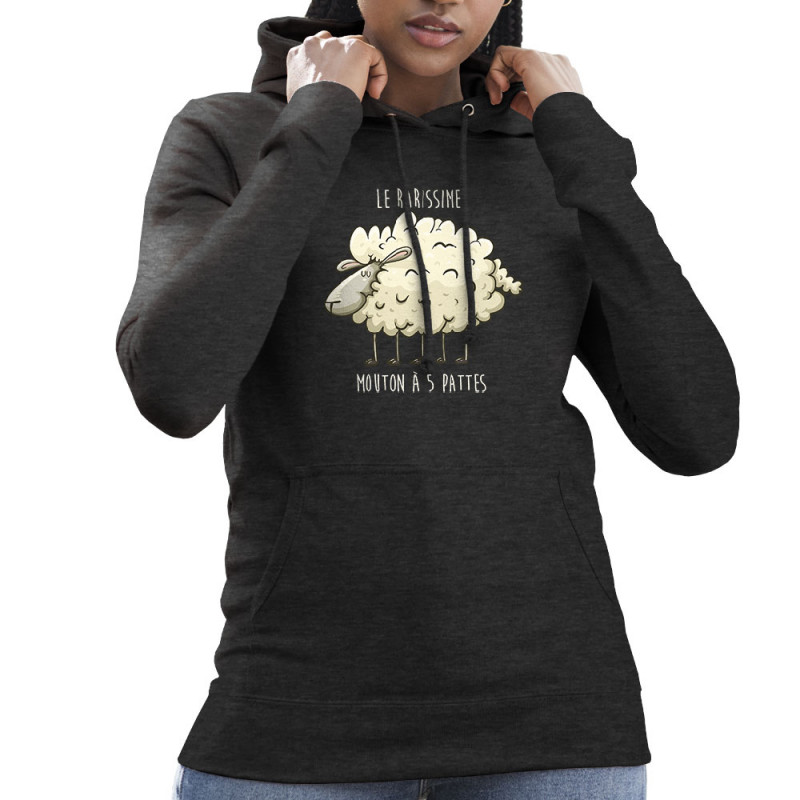 Sweat femme à capuche gris anthracite Le rarissime mouton à 5 pattes (Mr Mouton,Animaux,Humour)