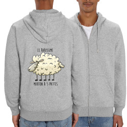 Sweat homme zippé à capuche coton bio gris chiné Le rarissime mouton à 5 pattes (Mr Mouton,Animaux,Humour)