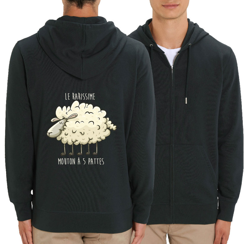 Sweat homme zippé à capuche coton bio noir Le rarissime mouton à 5 pattes (Mr Mouton,Animaux,Humour)