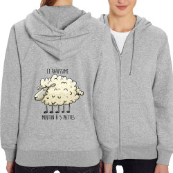 Sweat femme zippé à capuche coton bio gris chiné Le rarissime mouton à 5 pattes (Mr Mouton,Animaux,Humour)