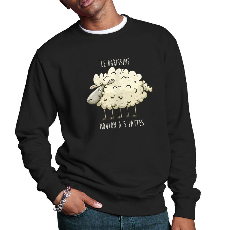 Sweat homme col rond noir Le rarissime mouton à 5 pattes (Mr Mouton,Animaux,Humour)