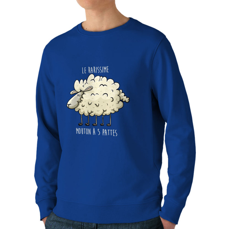 Sweat homme bio col rond bleu royal Le rarissime mouton à 5 pattes (Mr Mouton,Animaux,Humour)