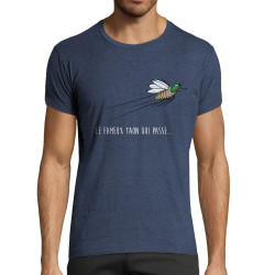 T-shirt homme fit bleu denim chiné Le fameux taon qui passe (Mr Mouton,Animaux,Humour)