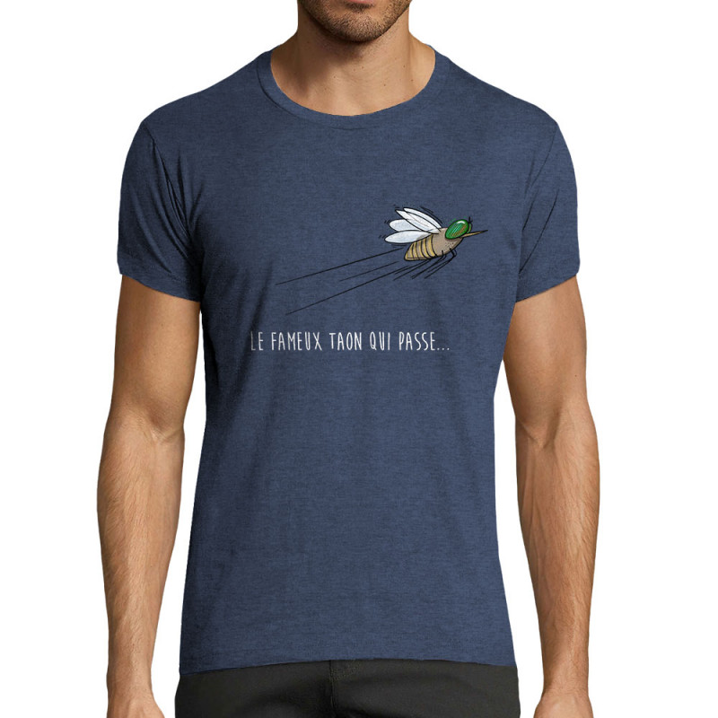 T-shirt homme fit bleu denim chiné Le fameux taon qui passe (Mr Mouton,Animaux,Humour)