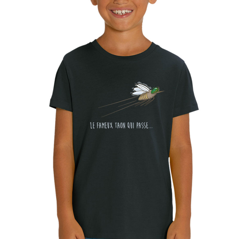 T-shirt enfant coton bio noir Le fameux taon qui passe (Mr Mouton,Animaux,Humour)