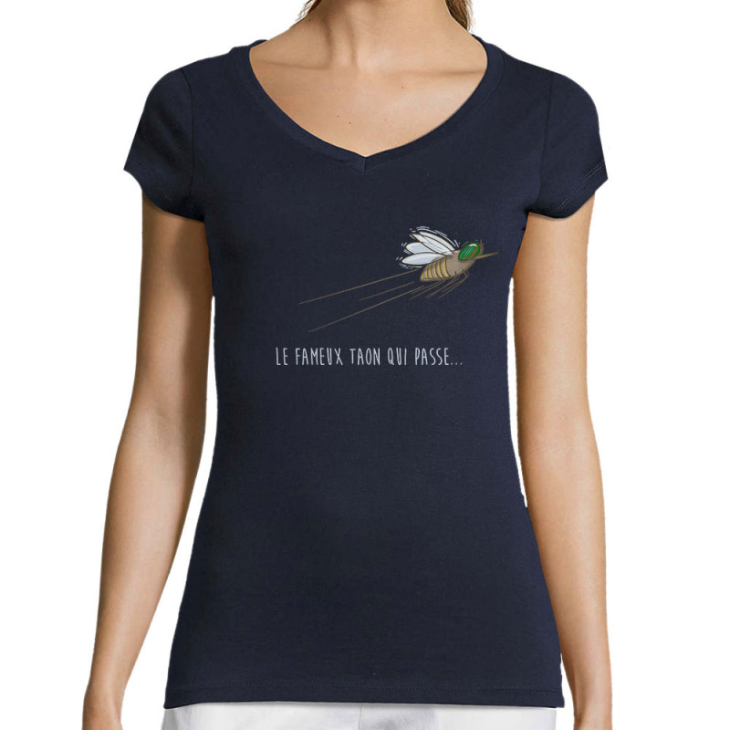 T-shirt femme col V bleu marine Le fameux taon qui passe (Mr Mouton,Animaux,Humour)