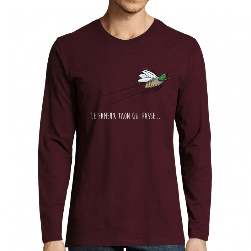 T-shirt homme manches longues bordeaux Le fameux taon qui passe (Mr Mouton,Animaux,Humour)