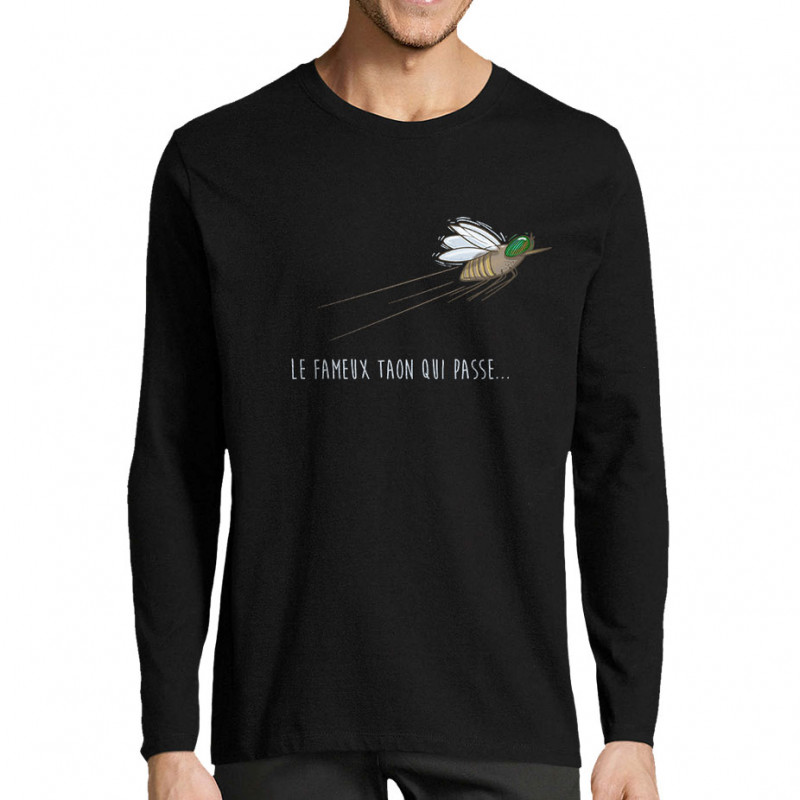 T-shirt homme manches longues noir Le fameux taon qui passe (Mr Mouton,Animaux,Humour)