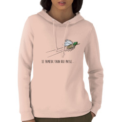 Sweat femme à capuche coton bio rose clair Le fameux taon qui passe (Mr Mouton,Animaux,Humour)