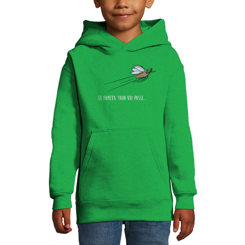 Sweat enfant à capuche vert prairie Le fameux taon qui passe (Mr Mouton,Animaux,Humour)