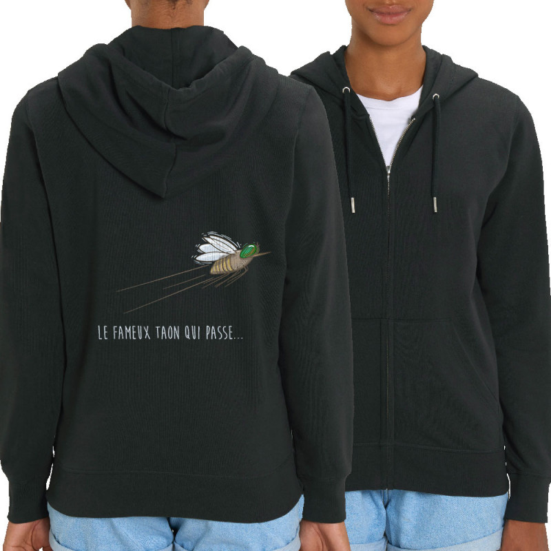 Sweat femme zippé à capuche coton bio noir Le fameux taon qui passe (Mr Mouton,Animaux,Humour)