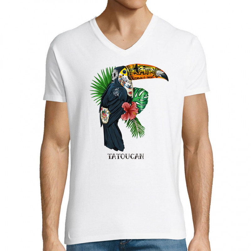 T-shirt homme col V blanc Tatoucan (Mr Mouton,Animaux,Humour)