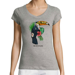 T-shirt femme col V gris chiné Tatoucan (Mr Mouton,Animaux,Humour)