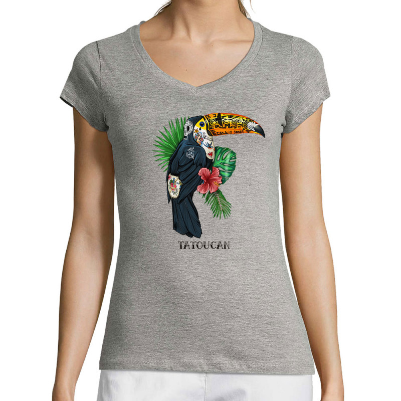 T-shirt femme col V gris chiné Tatoucan (Mr Mouton,Animaux,Humour)