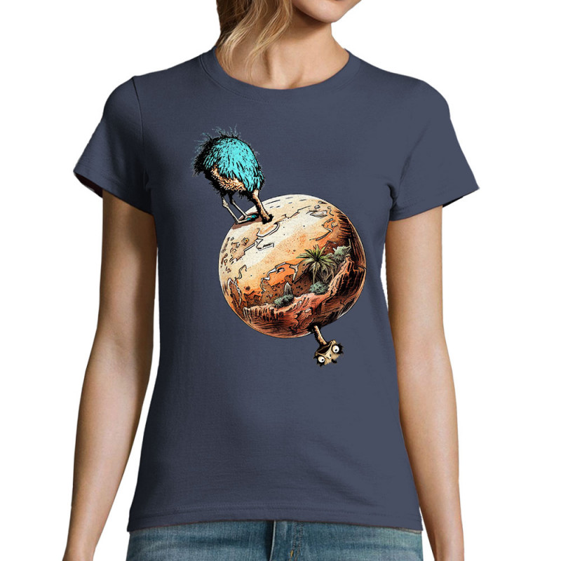 T-shirt femme bleu denim Autruche Terre (Gondrax,Animaux,Humour)