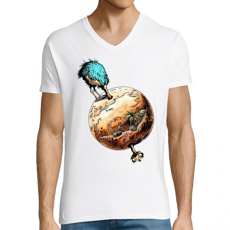 T-shirt homme col V blanc Autruche Terre (Gondrax,Animaux,Humour)