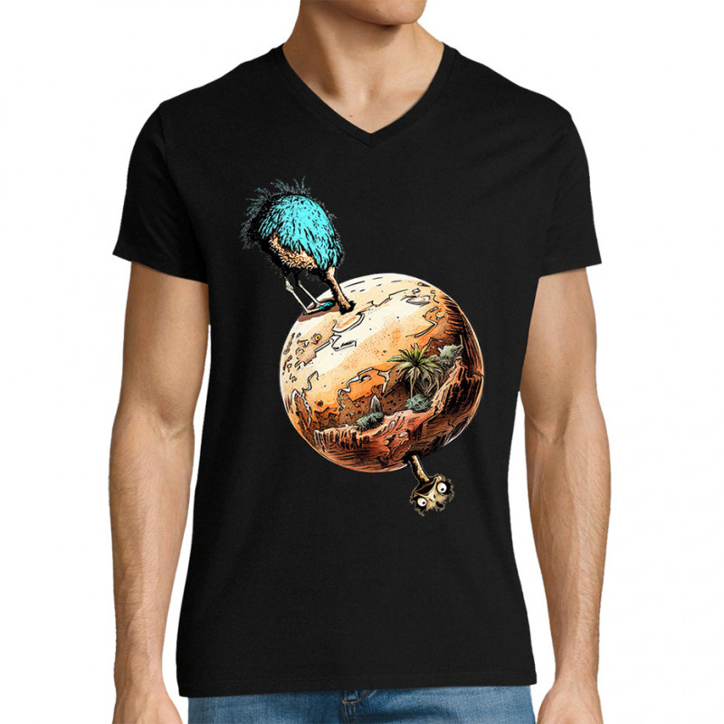 T-shirt homme col V noir Autruche Terre (Gondrax,Animaux,Humour)