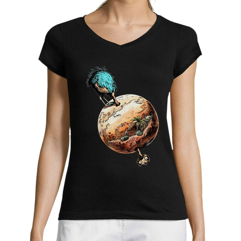 T-shirt femme col V noir Autruche Terre (Gondrax,Animaux,Humour)