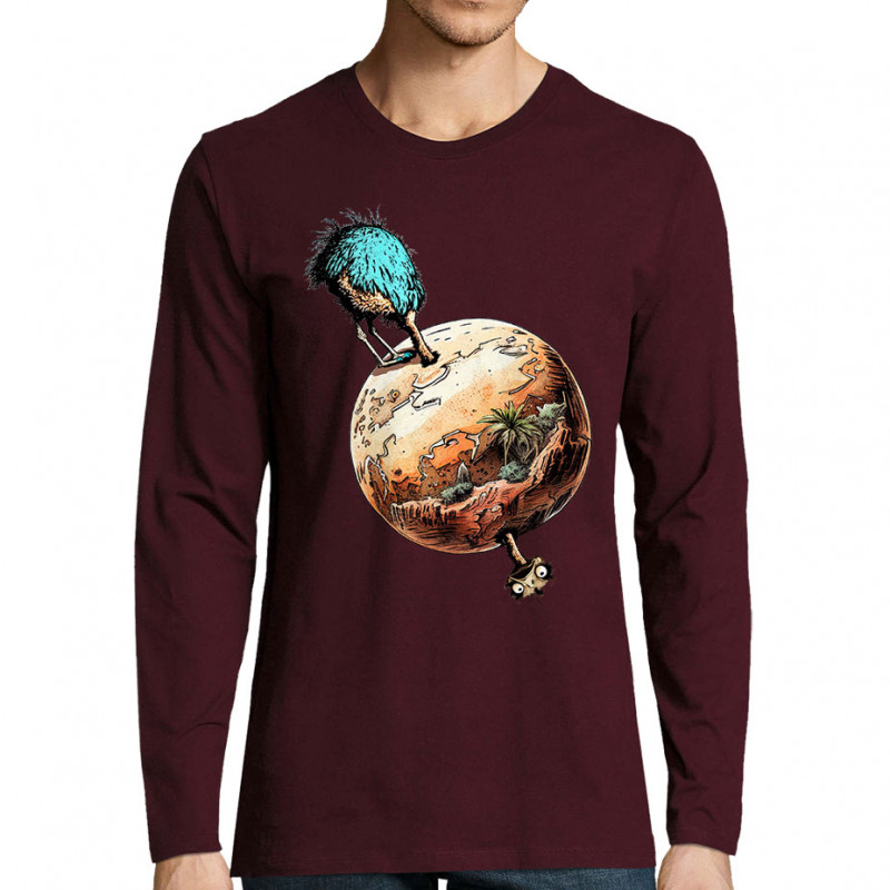 T-shirt homme manches longues bordeaux Autruche Terre (Gondrax,Animaux,Humour)