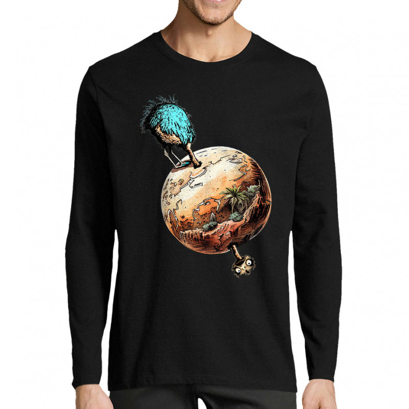 T-shirt homme manches longues noir Autruche Terre (Gondrax,Animaux,Humour)