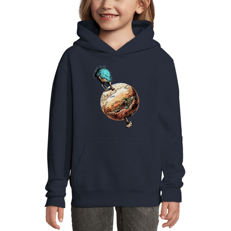 Sweat enfant à capuche bleu marine Autruche Terre (Gondrax,Animaux,Humour)