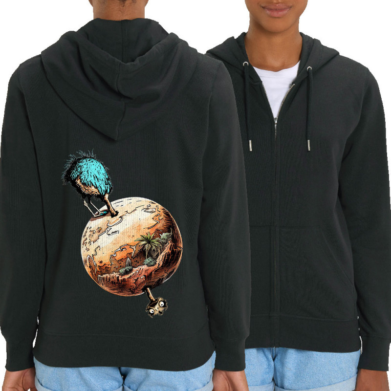 Sweat femme zippé à capuche coton bio noir Autruche Terre (Gondrax,Animaux,Humour)