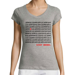 T-shirt femme col V gris chiné Stay Rebel Numbers (Jeux Vidéo / Geek)