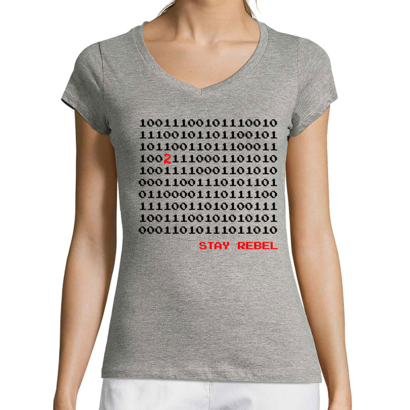 T-shirt femme col V gris chiné Stay Rebel Numbers (Jeux Vidéo / Geek)