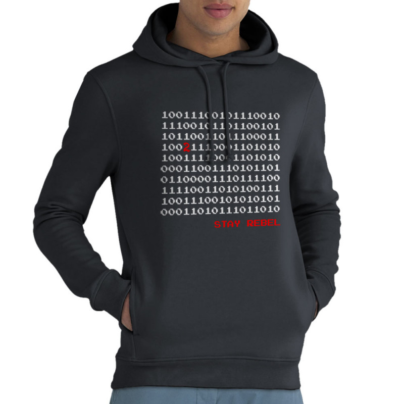 Sweat homme à capuche coton bio gris anthracite Stay Rebel Numbers (Jeux Vidéo / Geek)