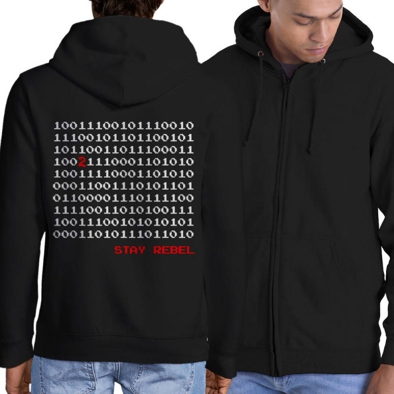 Sweat homme à capuche zippé noir Stay Rebel Numbers (Jeux Vidéo / Geek)